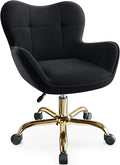 Vanity Chair with Wheels, Cute Home Office Desk Chairs Adjustable Height for Living Bedroom, Small Modern Fluffy Velvet Makeup Chair with Back for Girls (Black)