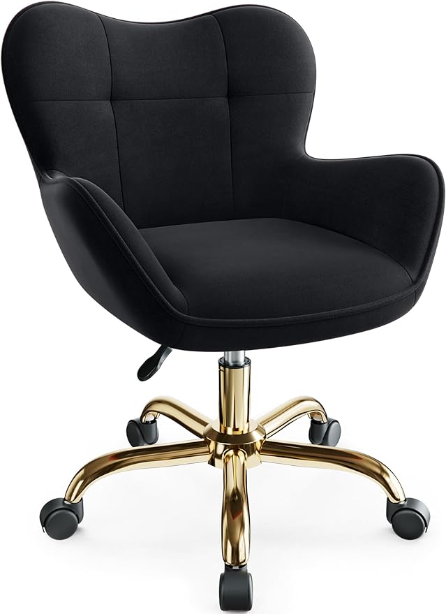 Vanity Chair with Wheels, Cute Home Office Desk Chairs Adjustable Height for Living Bedroom, Small Modern Fluffy Velvet Makeup Chair with Back for Girls (Black)