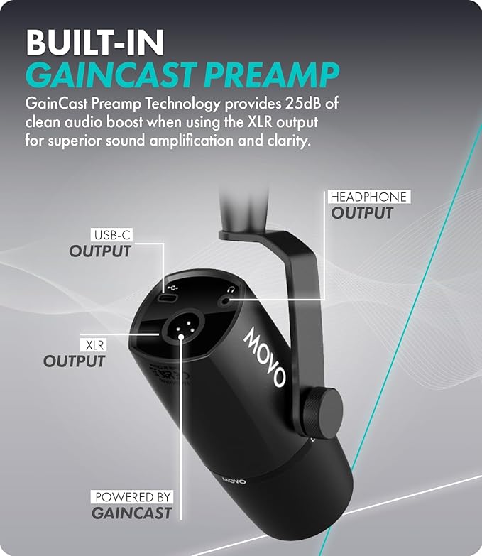 Movo UM6 Dynamic Podcast Microphone with Built-in GainCast Preamp - XLR and USB C Outputs - Studio Mic for Gaming, Podcasting, Streaming, Vocals, Computers, and Content Creation