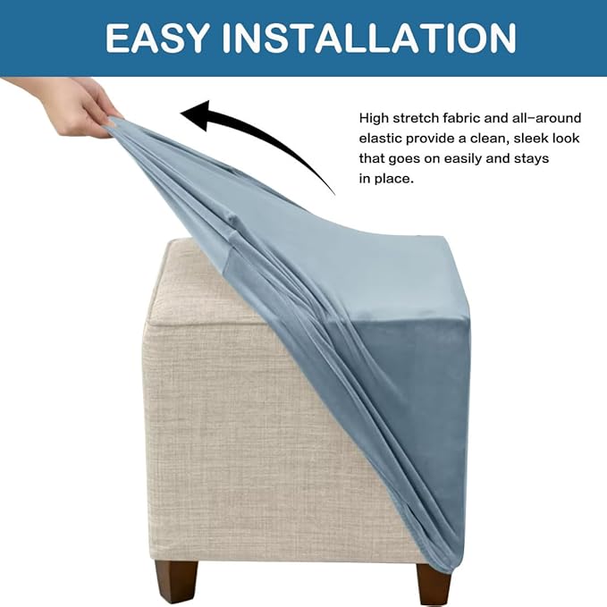 Ottoman Cover Square Velvet Ottoman Covers Protector for Footrest Foot Stool Furniture Stretch Comfortable with Elastic Bottom Medium Stone Blue