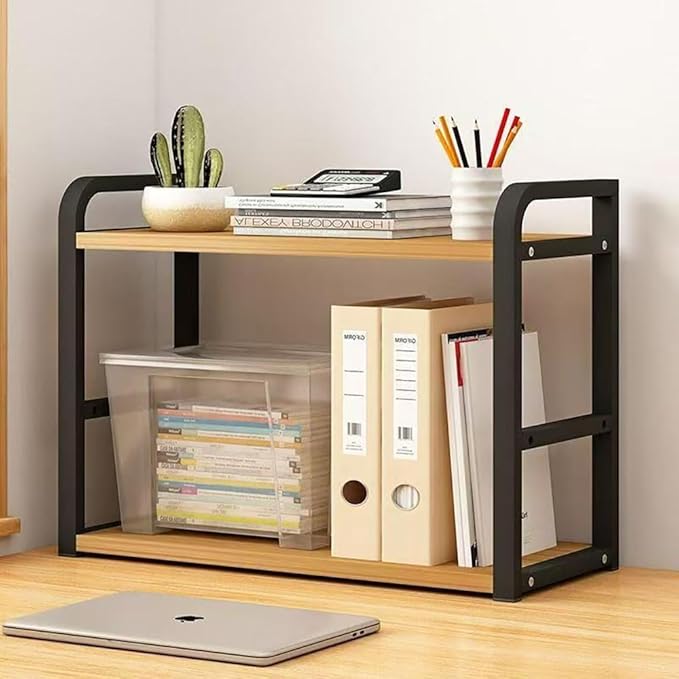 Hbluefat Desktop Organizer Shelf, 2-Tier Adjustable Desk Bookshelf, Tabletop Small Wood Bookcase, Multipurpose Display Storage Rack for Home Office (Wood+Black)
