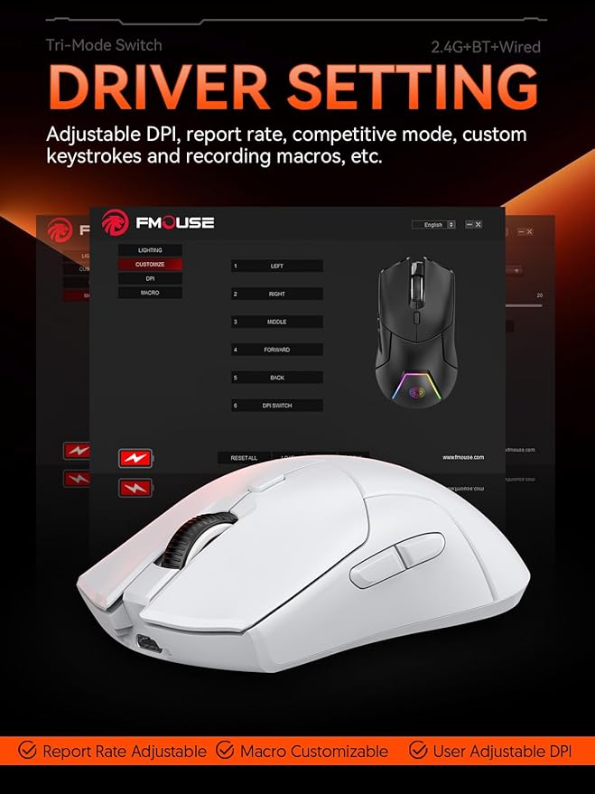 FMOUSE White Wireless Gaming Mouse, Tri Mode (2.4G/Bluetooth/Wired), PAW3311 Sensor, 12,000 DPI, 1,000Hz, 6 Programmable Buttons, USB C Rechargeable, Ergonomic Gamers Optical Mice for PC/Laptop/Mac
