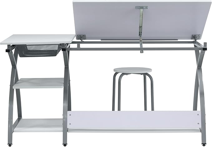 Deluxe Comet Craft Station with Stool, Adjustable Drafting & Art Desk with Storage Shelves, Pencil Ledge, Wire Mesh Drawer, 45° Tilting Top, Steel Frame, Silver/White