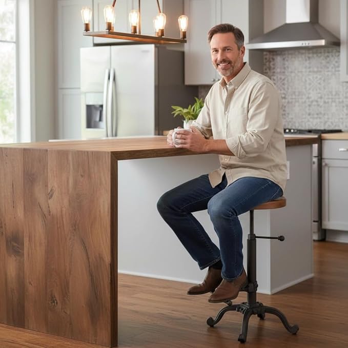 Topower Industrial Retro Vintage Farm Wooden Tractor Stool Kitchen Swivel Height Adjustable bar Stool (Dark Brown)