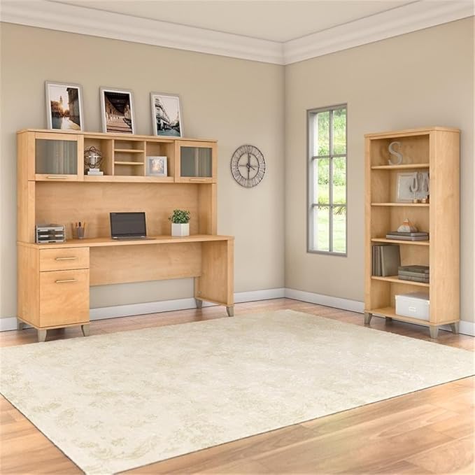 Scranton & Co 72W Office Desk with Hutch and Bookcase, Maple Cross Finish, Spacious Work Surface, Frosted Glass Doors, Adjustable Shelves, Wire Management, Home Office Furniture for Storage and