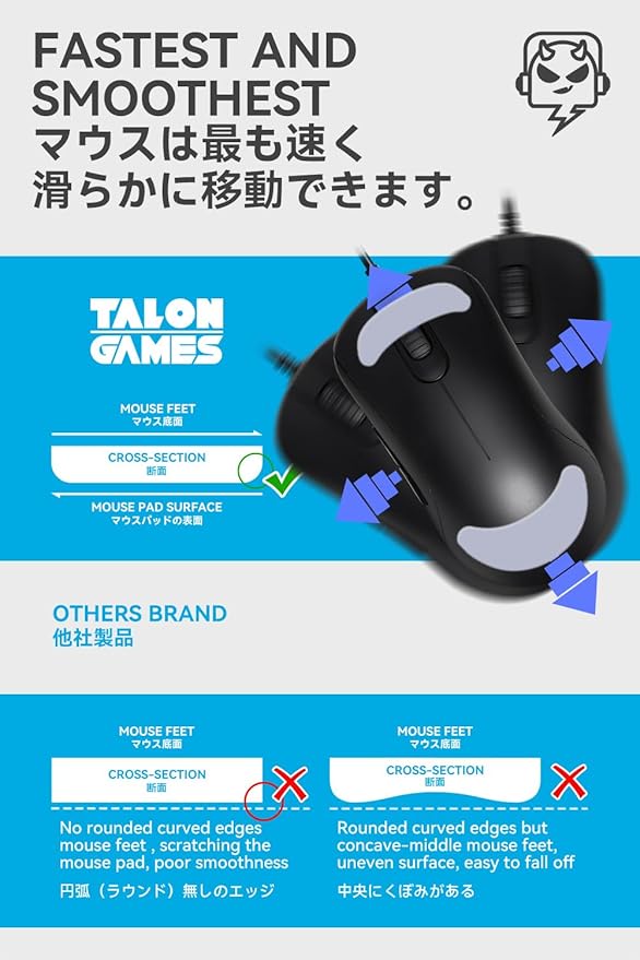2Sets of TALONGAMES Rounded Curved Edges Mouse Feet Skates Compatible with Zowie ZA13 / ZA13B Gaming Mouse Feet Replacement,0.8mm,Pure PTFE Material with Super Smooth Glide Pads