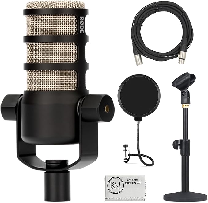 Rode PodMic Dynamic Podcasting Microphone | Black Bundle with Pop Filter + Desktop Microphone Stand + XLR Cable + Cleaning Cloth (5 Item)