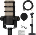 Rode PodMic Dynamic Podcasting Microphone | Black Bundle with Pop Filter + Desktop Microphone Stand + XLR Cable + Cleaning Cloth (5 Item)