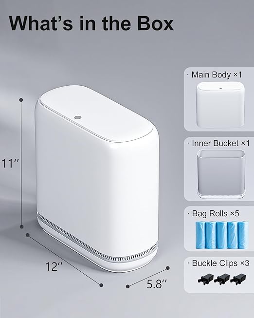 3 Gallon Slim Small Bathroom Trash Can with Lid, White Dog Proof Garbage Can with Air-Press Bag Expander & Removable Bucket, Narrow Bathroom Waste Basket for Bedroom, Office, Dorm
