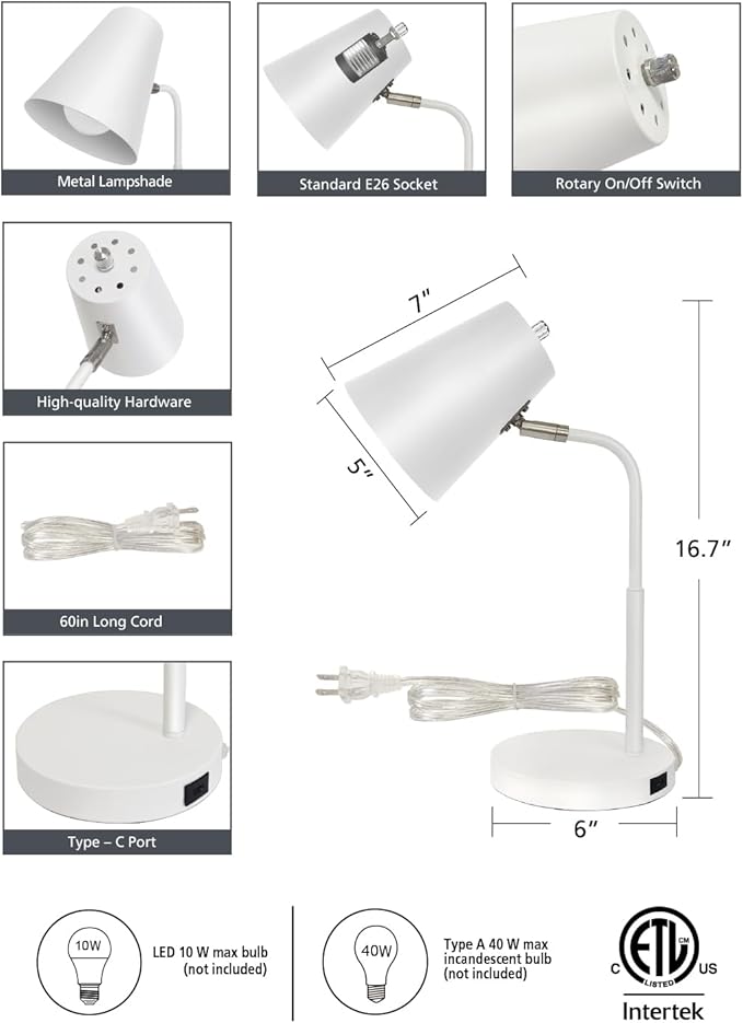 Adjustable Desk Lamp with USB-C Charging Port, 15.5 inches, White (White with White Shade)