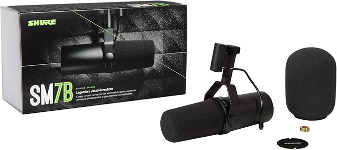 Shure SM7B Dynamic Studio Microphone - XLR Mic for Podcasting, Streaming, Vocal Recording & Broadcasting, Wide Frequency Range, Smooth Warm Audio, Detachable Windscreen, Black