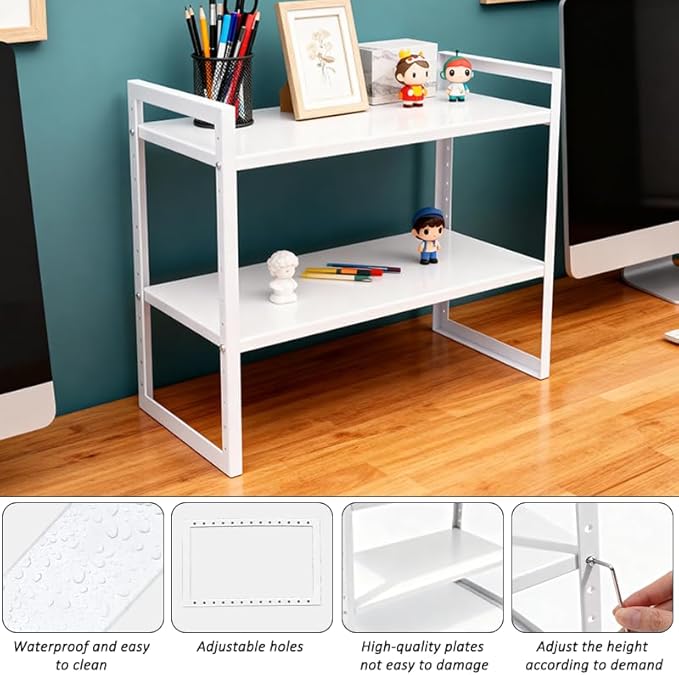 Office Desk Shelf Organizer, Metal Desktop Bookshelf Storage Rack, Height Adjustable Countertop Shelf for Study Room, Home Office, Multipurpose Storage for Books, Files, Stationery and Desk Essentials