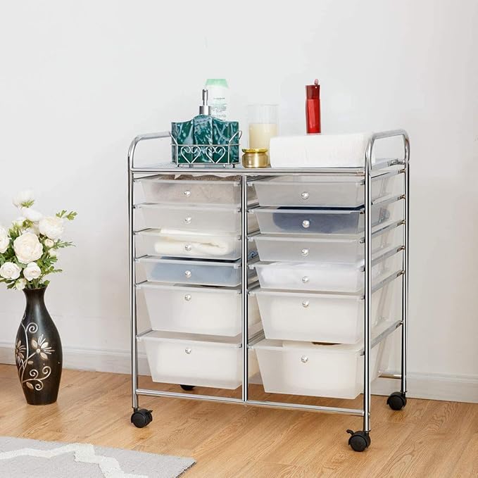 Moccha 12-Drawer Rolling Storage Cart - Under Desk Storage Drawers with wheels for Craft Art Supply Paper Salon, Scrapbook Paper Tools, Mobile Utility Cart for Classroom, Clear