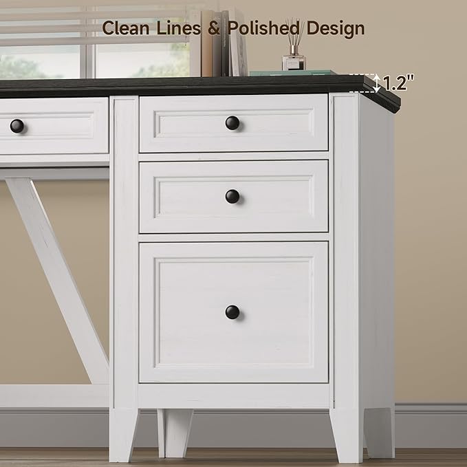 ONBRILL 54 Inch Farmhouse Executive Desk, Computer Desk with Drawers, Home Office Desk with Charging Station, for Working Studying Writing, White