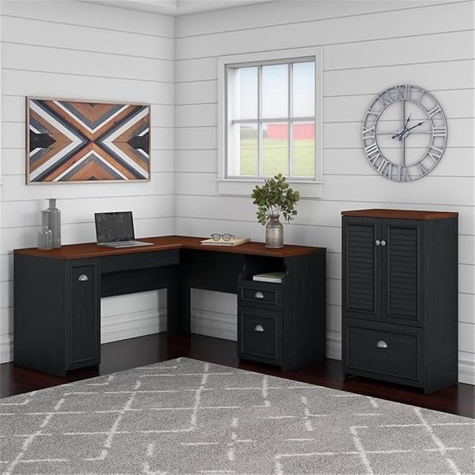Bush Furniture Fairview 60W L Shaped Desk and 2 Door Storage Cabinet with File Drawer in Antique Black and Hansen Cherry