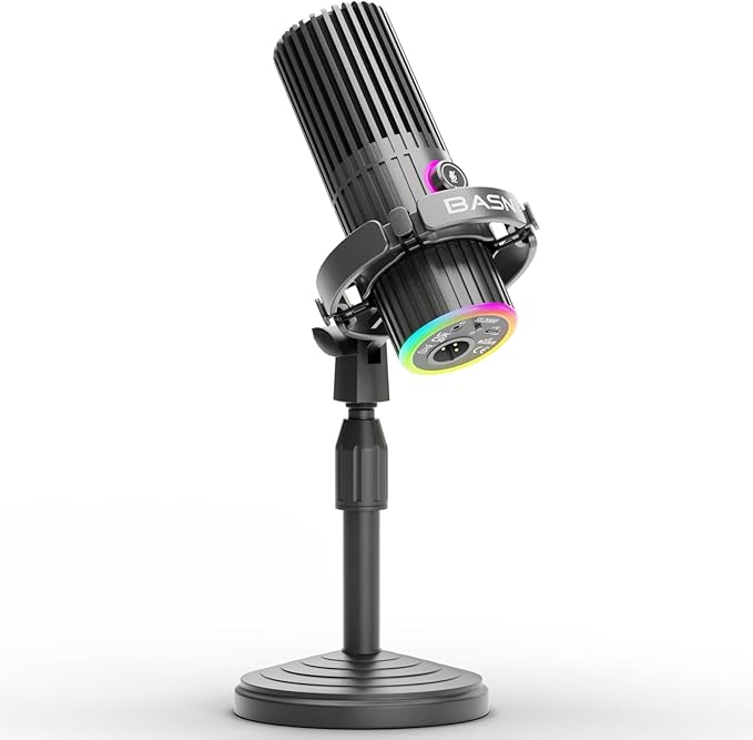 BASN USB/XLR Dynamic Microphone for Podcasting, Live Streaming, Gaming Recording with RGB Mute Button, Headphone Monitoring and MIC Stand (Gray) SL2000