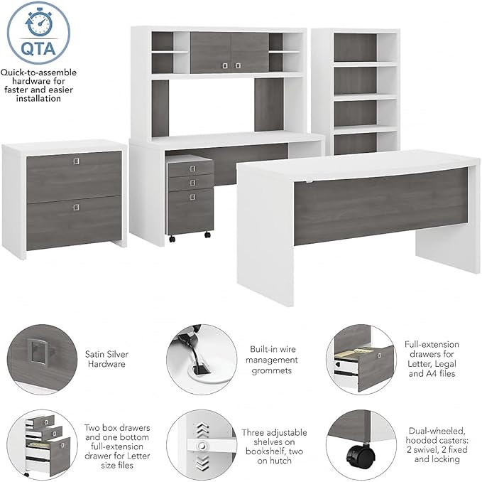 Bush Business Furniture Office by Kathy Ireland® Echo Bow Front Desk, Credenza with Hutch, Bookcase and File Cabinets in Pure White and Modern Gray