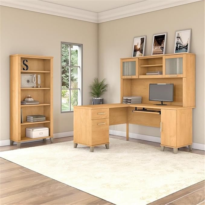Pemberly Row 60W L Desk with Hutch and Bookcase, Maple Engineered Wood, Frosted Glass Doors, Adjustable Shelves, Wire Management, Home or Small Office Furniture Set, Durable Transitional Design