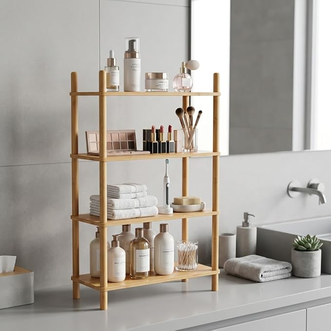 4-Tier Expandable Bamboo Desktop Organizer Shelf Kitchen Cabinet and Counter Riser Display Shelf for Top of Desk Home Office Bathroom Coffee Table Display Stand (1, Natural, 4-Tier)