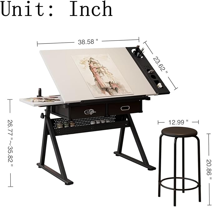 Drafting Table with Stool, Height Adjustable Drawing Table Art Table Painting Table Art Craft Desk with 0-75° Tilting Tabletop and Storage Drawers, White