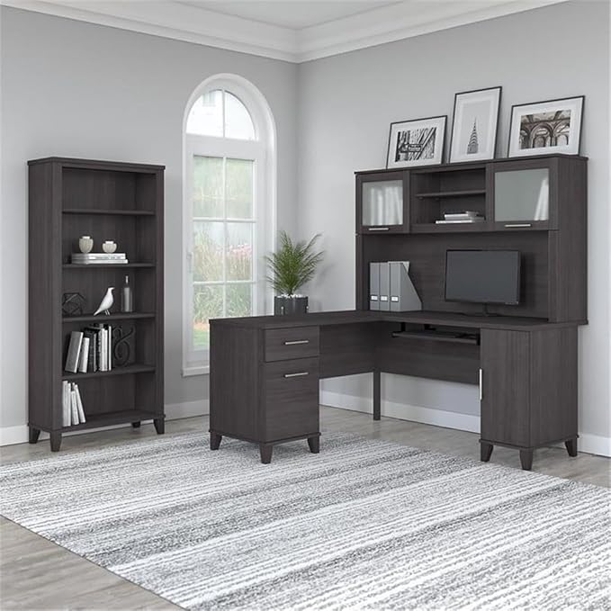 Bush Home Somerset 60W L Shaped Desk with Hutch and 5 Shelf Bookcase in Storm Gray