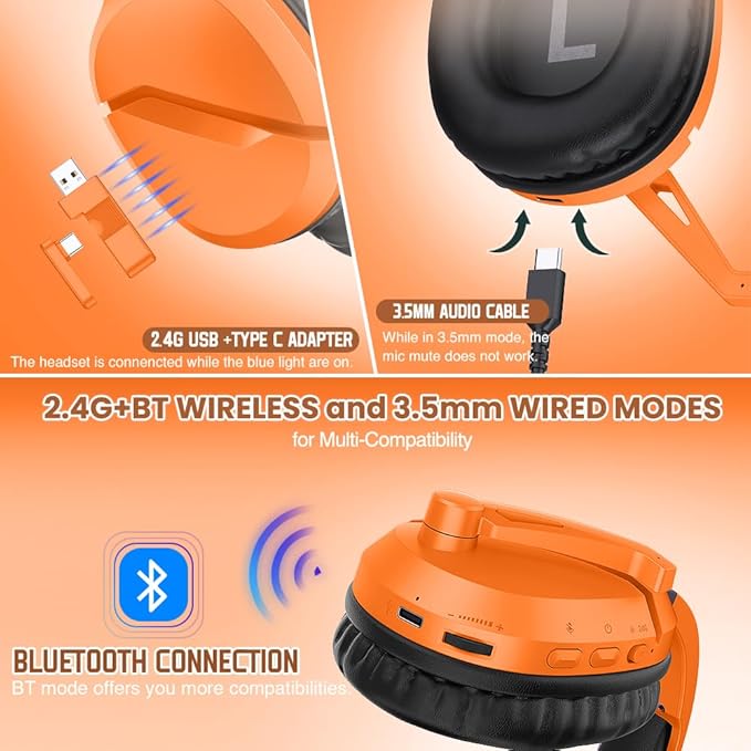 WolfLawS Wireless Gaming Headset with Noise Canceling Microphone for PS5, PC, PS4, 2.4G/Bluetooth Gaming Headphones with USB and Type-c Connector, Wired Mode for Controller - Orange