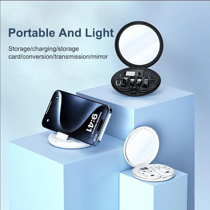 Multi USB Traveling Adapter Case Including Type C to iOS,Ejector pin, Micro-USB, USB,12in Type C Cable up to 60W PD, Fast Charging, and SIM Card Slot with Mirror.