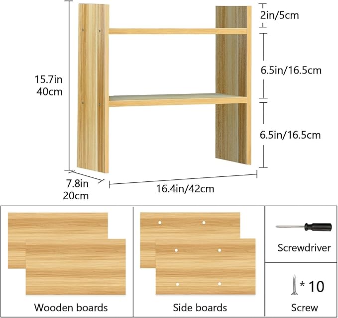 Small Desk Organizer Shelf - 2 Tier Desk Top Organizer for Desktop Storage, Wooden Office Shelves, Sturdy Desktop Bookshelf Organizers for Dorm, Cubicle, Easy to Assemble
