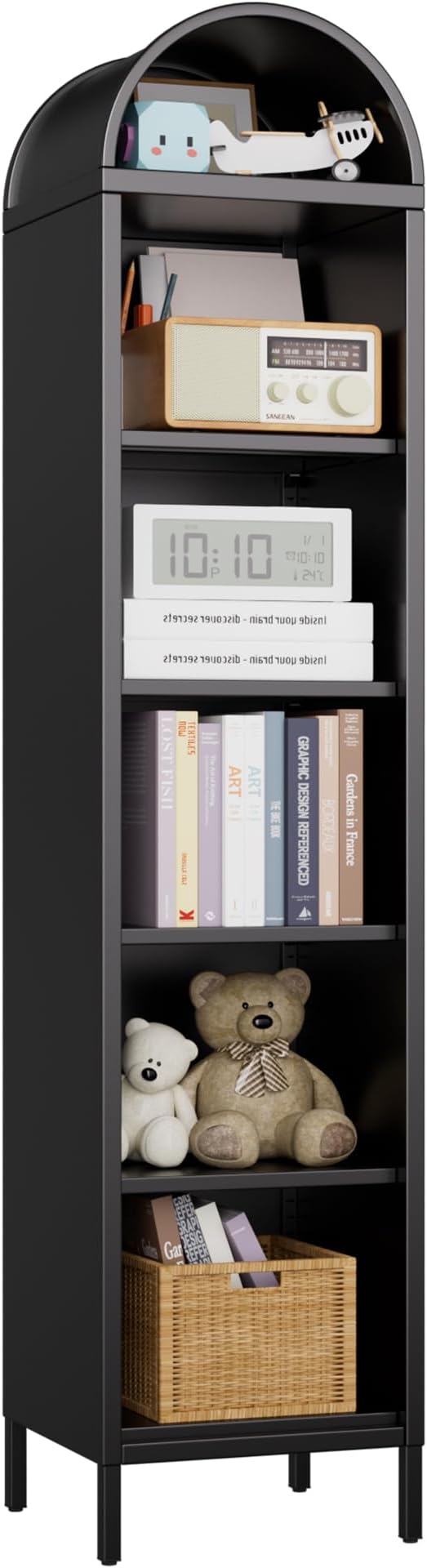 Aobabo Black Narrow Arched Bookshelf, 72.8" H Metal Arch Bookcase with 4 Adjustable Shelves, Open Display Arched Bookcase for Dining Room, Home, Office, Assembly Required