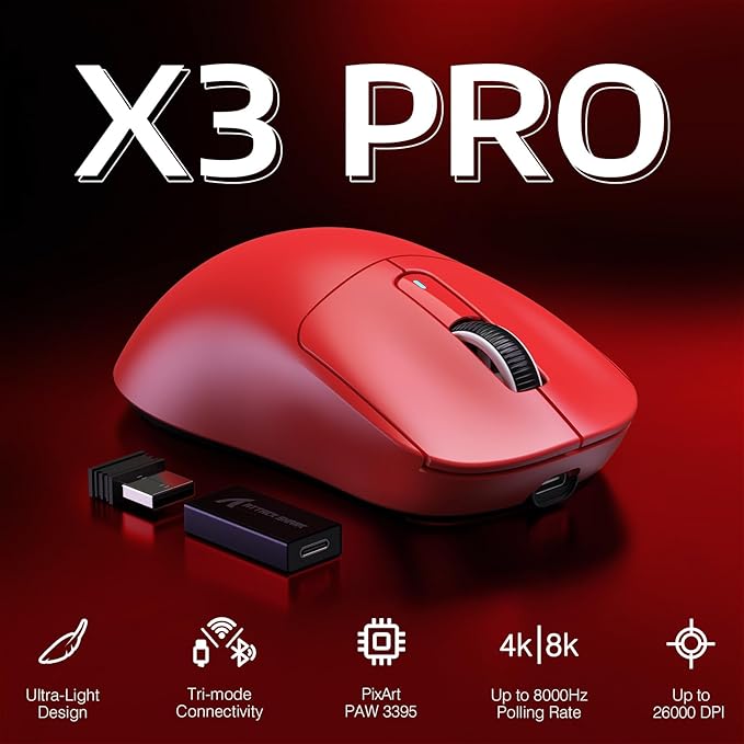 MANBASNAKE Attack Shark X3 Pro 4K/8K Hz Mouse, 59g Superlight BT/2.4G Wireless/Wired Gaming Mouse, PixArt PAW3395 Gaming Sensor, 26000 DPI, Programmable Buttons for Win11/Xbox/PS/Mac(Red)