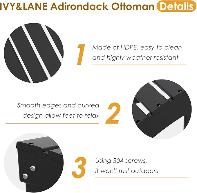 IVY&LANE Outdoor Adirondack Ottoman | Folding | HDPE | Black | All Weather | Waterproof Patio Footrest for Adirondack Chair | Poly Lumber Foot Rest for Deck Backyard