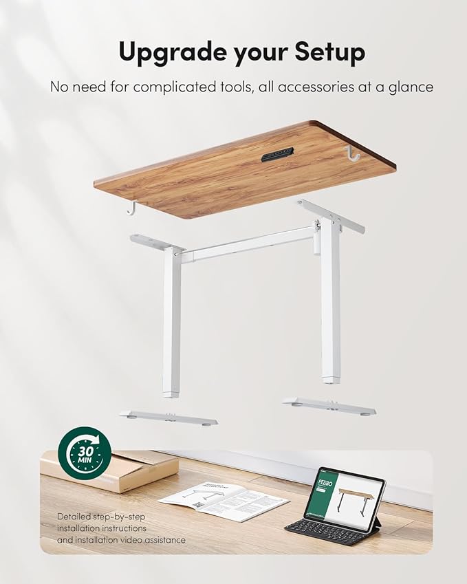 CubiCubi 40 x 24 Small One-Piece Standing Desk, Adjustable Height Electric Computer Home Office Sit Stand up Workstation, with 4 Memory Presets, Headphone Hook, Light Rustic