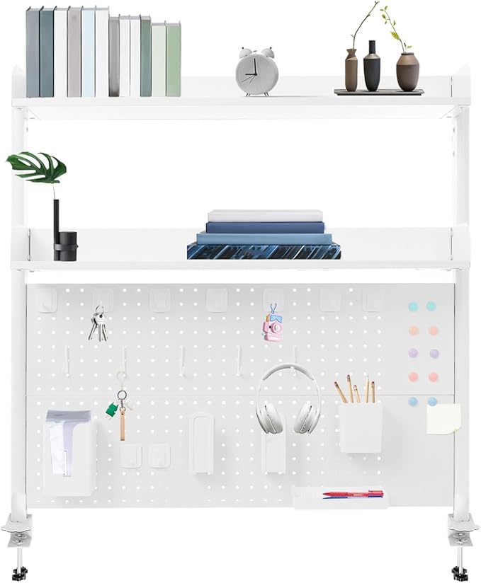 Desktop Hutch Bookshelf with Pegboard, Multipurpose Desk Shelf Clamp Bookcase Storage Rack Display Shelf Clip-on Desk Top Organiser for Home Office Dorm, Study Rooms, Bedrooms