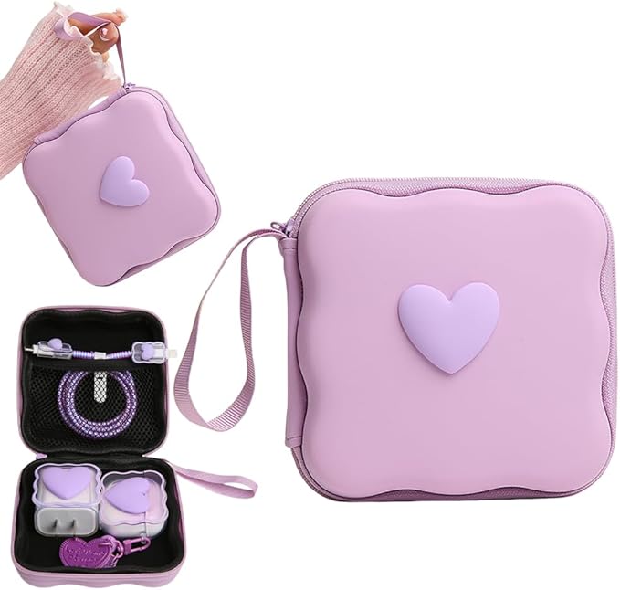 Charger Cover Storage Bag, Lovely 3D Love Heart Waves Design Charger Protector Travel Storage Case, Earphone Wire Saver Cable Cord Organizer Wireless Earphone Storage Box, Purple Love
