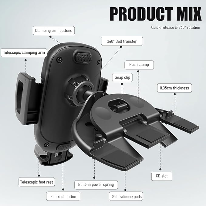 Car Phone Holder for CD Slot, Magnetic or One Button Release Hands Free Car Phone Holder, Silicone Pad Protection and 360° Rotation Cell Phone Mount, Car Accessories