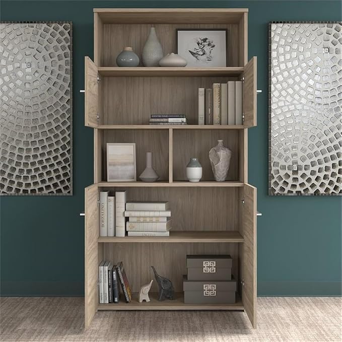 Pemberly Row 72W Height Adjustable Standing Desk with Storage, Modern Hickory Finish, Includes 45W Low Cabinet with Drawers and 36W 5-Shelf Bookcase, Ergonomic Office Furniture Set for Home or