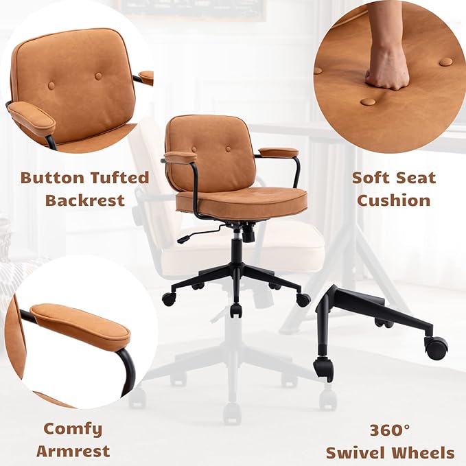HEAH-YO Modern Armless Desk Chairs Set of 1, Swivel Computer Task Chair with Wheels and Armrests, PU Leather Adjustable Office Chair with Backrest for Home Base, Light Brown