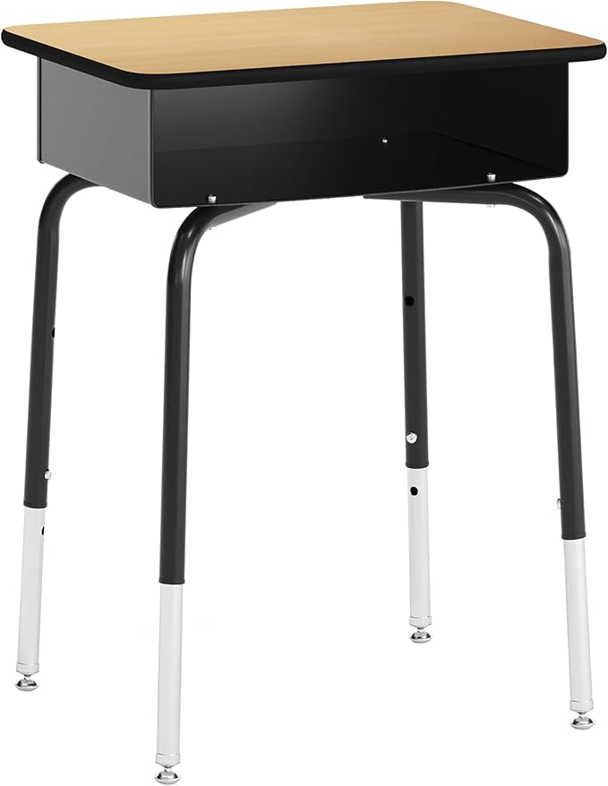EMMA + OLIVER Jacobs Desk/Stackable Ergonomic Chair Set, Flex Comfort Seat Back, Adjusting Desk Legs, Metal Open Front Storage Box, Natural Desktop/Black Chair