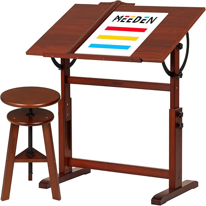 MEEDEN Vintage Wood Drafting Table & Stool Set, Artist Drafting Chair and Craft Table with Adjustable Height, Tiltable Tabletop for Artwork, Graphic Design, Writing