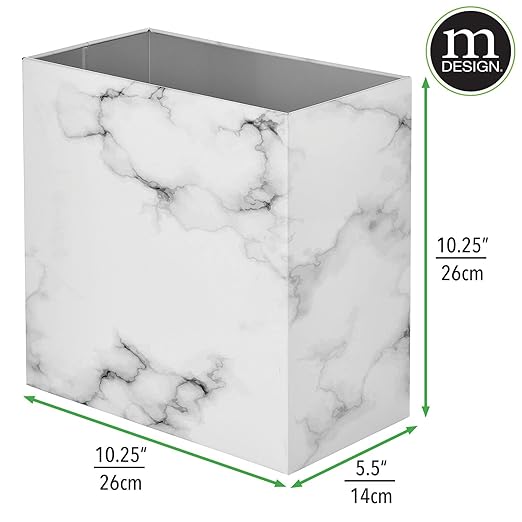 mDesign Small Steel Rectangular 2.4 Gallon/9.1 Liter Trash Can, Waste Basket for Bathroom, Bedroom, Home Office - Holds Garbage, Recycling, Household Items - Linn Collection - White Marble