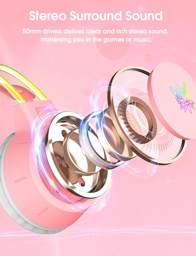 Lightweight Gaming Headset with Detachable Cat Ears, RGB Lighting, Wired Over Ear Headphones with Mic for PC, PS4, PS5, Switch, Stereo Surround Sound, Self-Adjusting Headband
