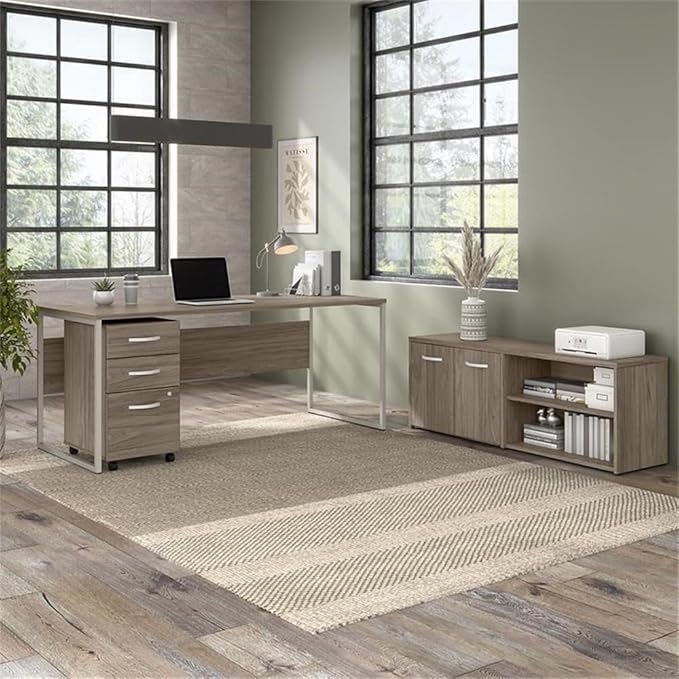 Pemberly Row Office Desk Bundle, 72W Engineered Wood Desk, Modern Hickory Finish, Includes Storage Cabinet with Shelves and 3-Drawer Mobile File Cabinet, Durable Workstation for Home or Office Use