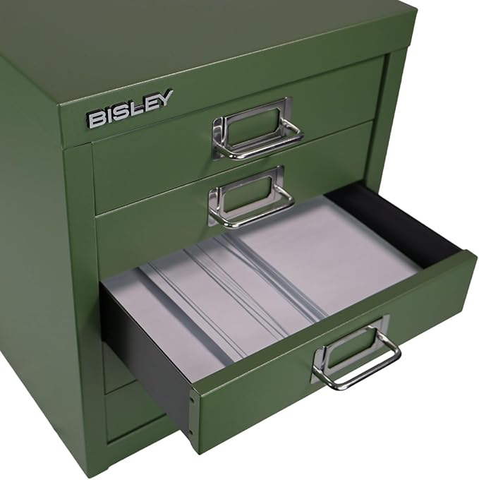 Bisley 5-Drawer Steel MultiDrawer Cabinet - Olive Green, Chrome Pull Handles with Label Holders, Powder-Coated Steel, Removable Drawers, Desktop Storage, Labels Included