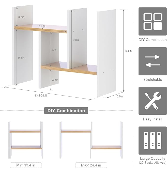 White Desk Organizers and Storage Small Desktop Bookshelf Length Expandable Desk Organization Shelves Counter Corner Book Shelf Adjustable Narrow Book Organizer for Desk Countertop
