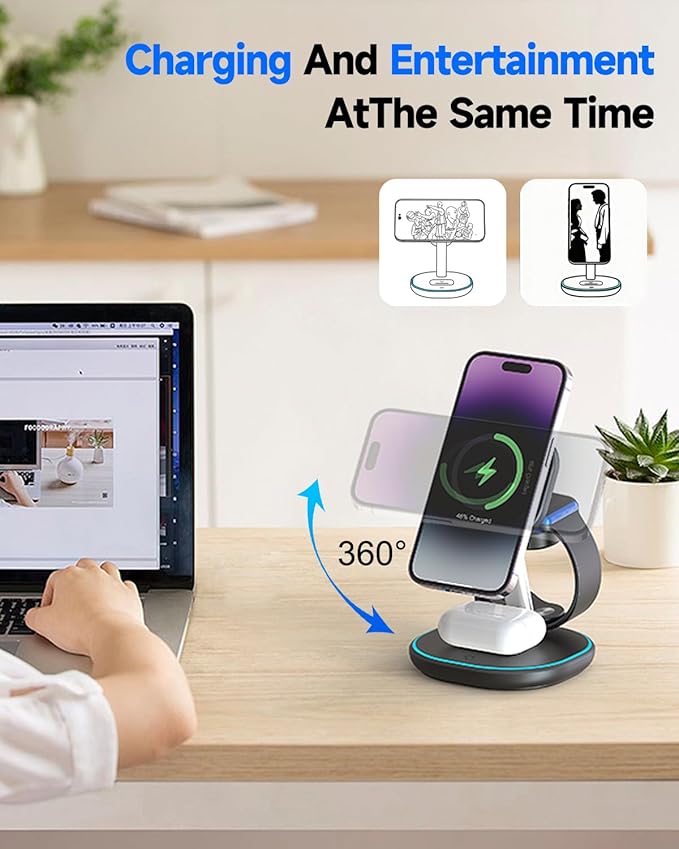 3 in 1 Wireless Charging Station for Apple MagSafe Charger, 15W Fast Magnetic Phone Charger with Breathing Light for Magsafe Charger Stand for iPhone 17 16 15 14 13 12, Apple Watch, AirPods, Gifts