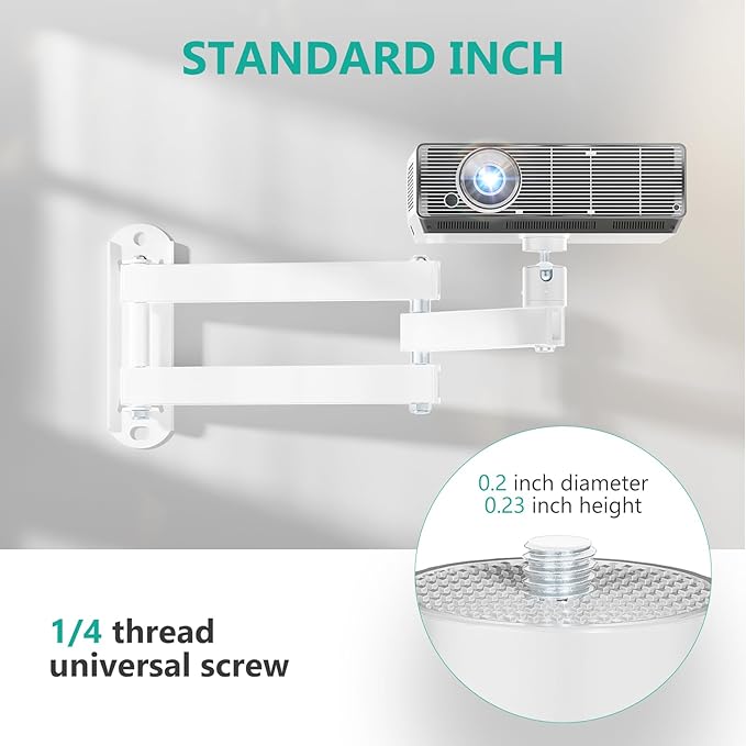 WALI Mini Foldable Projector Wall Mount with 360° Rotating Gimbal, Fully Adjustable Wall/Ceiling Mount Bracket for 1/4" M4 M6 Screw Projectors, Small Projector Holder up to 4.4lbs (1330LM-PMW), White