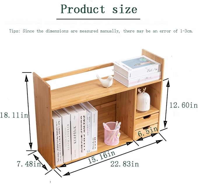 Bamboo Desktop Bookshelf – Small Bookshelf for Desk with Drawers, Double Layer Display Shelf & Desk Hutch Organizer for Office, Dorm & Computer Desk (22.8"x7.5"x18.1")