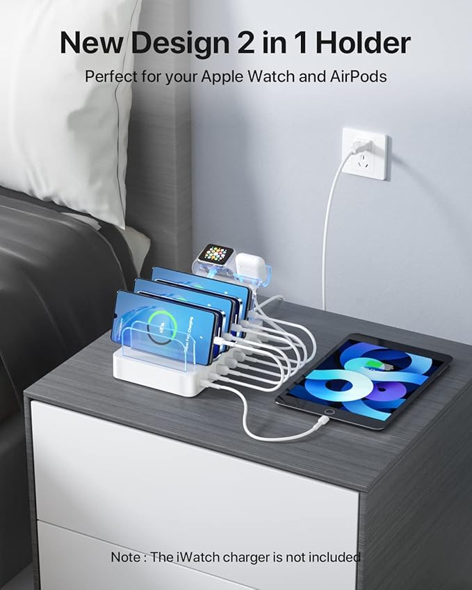 SooPii 8-Port USB-C Charging Station for Multiple Devices, with 1 PD 20W Port Supports Fast Charging, 8pcs Mixed Charging Cables and 1pcs Upgraded Holder for lWatch Charger & Air-Pods, White