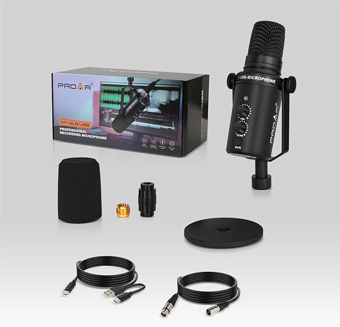 XLR/USB Dynamic Microphone,PC Computer Microphone for Podcasting,Vocal Recording,Live Streaming,Gaming,Voice-Over,All Metal Professional Studio Mic Kit with Noise Cancelling,USB-C Port