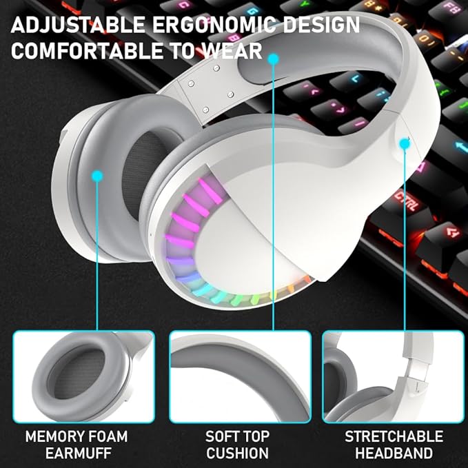 Wireless Bluetooth Headphone with Noise Cancellation HiFi Stereo Sound Mic Deep Bass Protein Earpad Rainbow RGB Backlight Rechageable Over Ear Headset for PC Mac Game Travel Class Home Office (White)